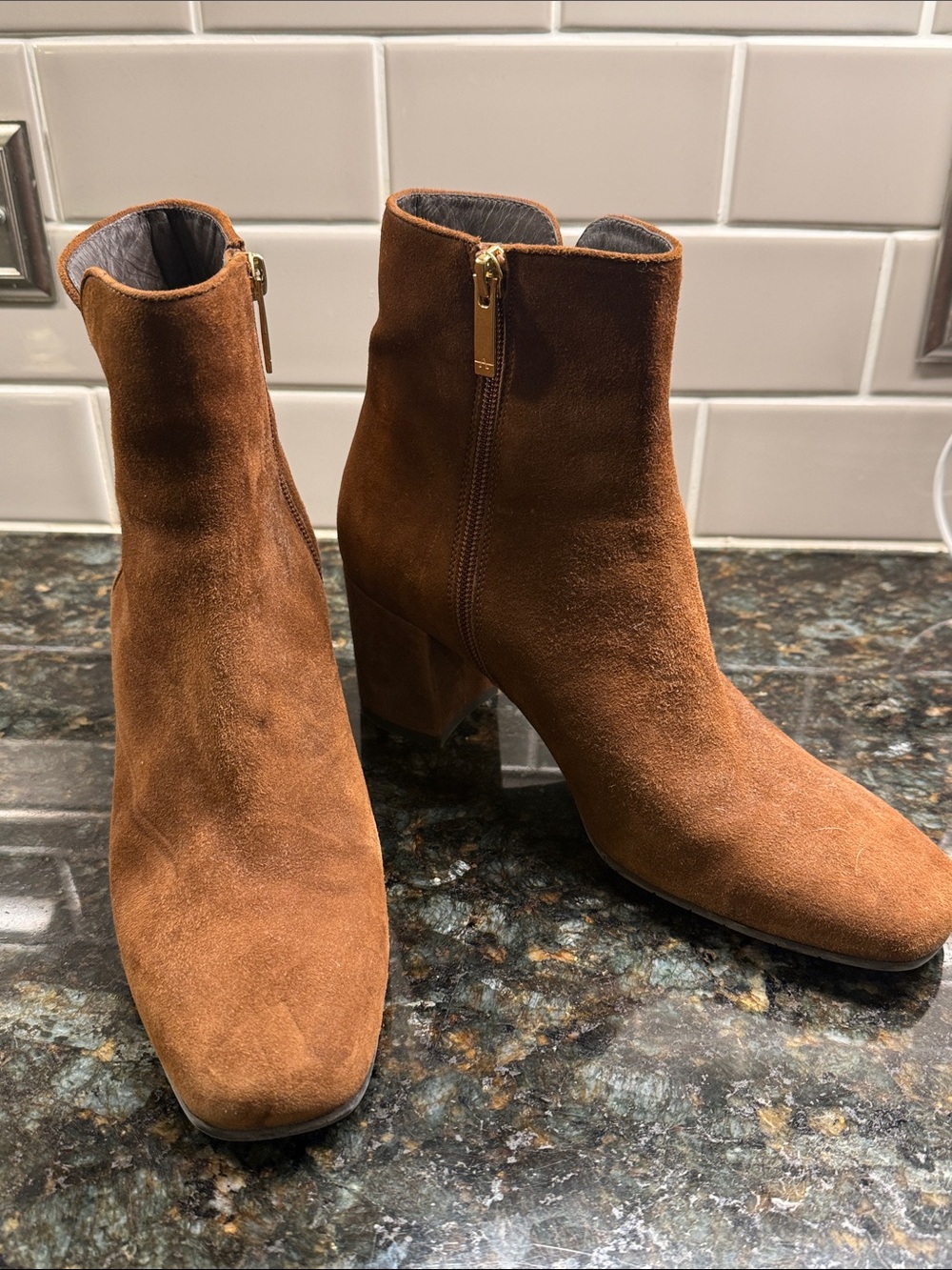 Aquatalia Chestnut Suede Ankle Boots with Gold Zippers